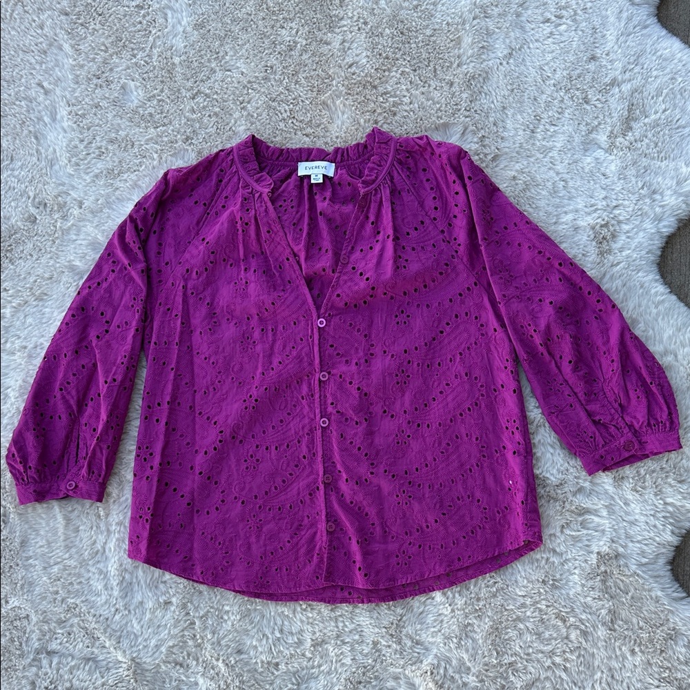 Evereve Purple Eyelet Button-Up Blouse | Size M